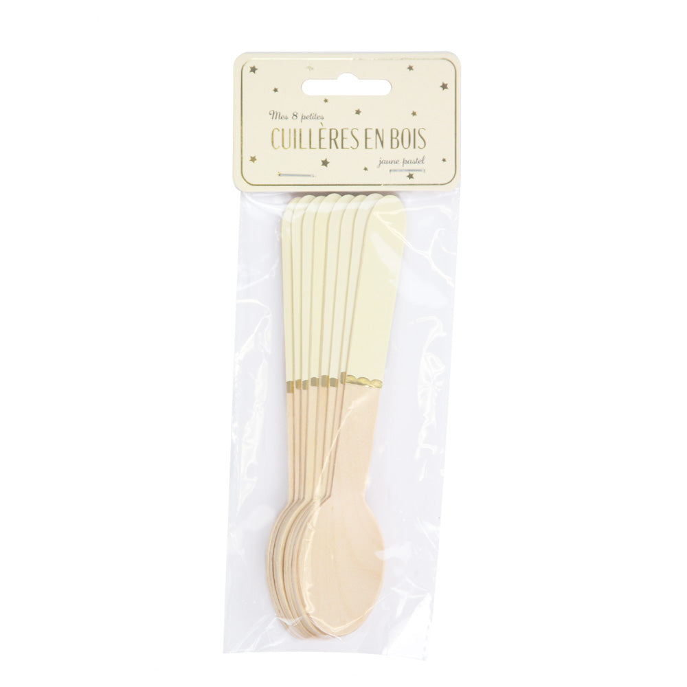 PETITES CUILLERES EN BOIS JAUNE PASTEL X 8