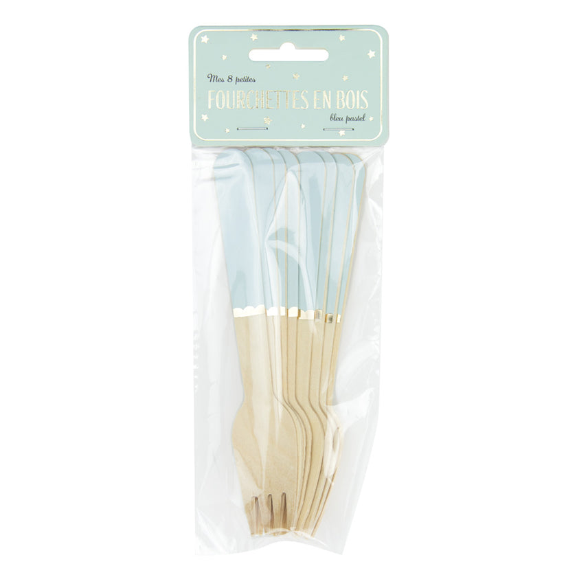 PETITES FOURCHETTES EN BOIS BLEU PASTEL X 8