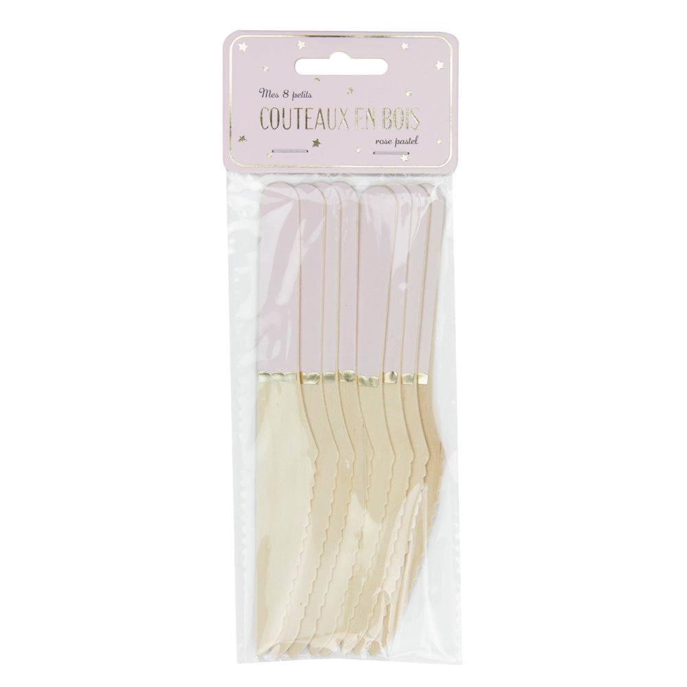 PETITS COUTEAUX EN BOIS ROSE PASTEL X 8