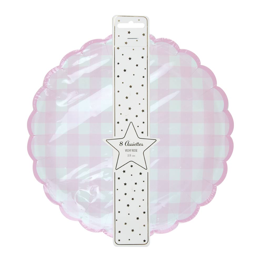 ASSIETTES FESTONNEES VICHY ROSE 23CM X 8