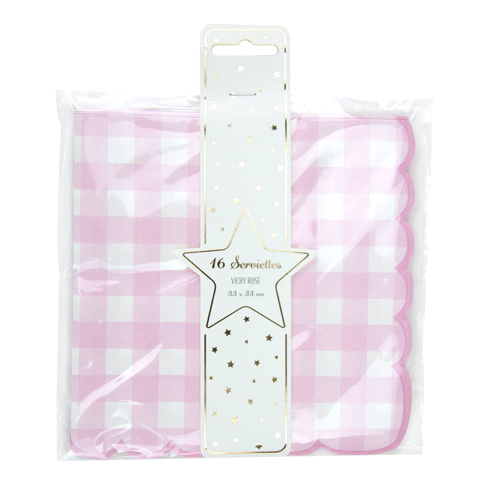 SERVIETTES FESTONNEES 33X33CM VICHY ROSE X 16