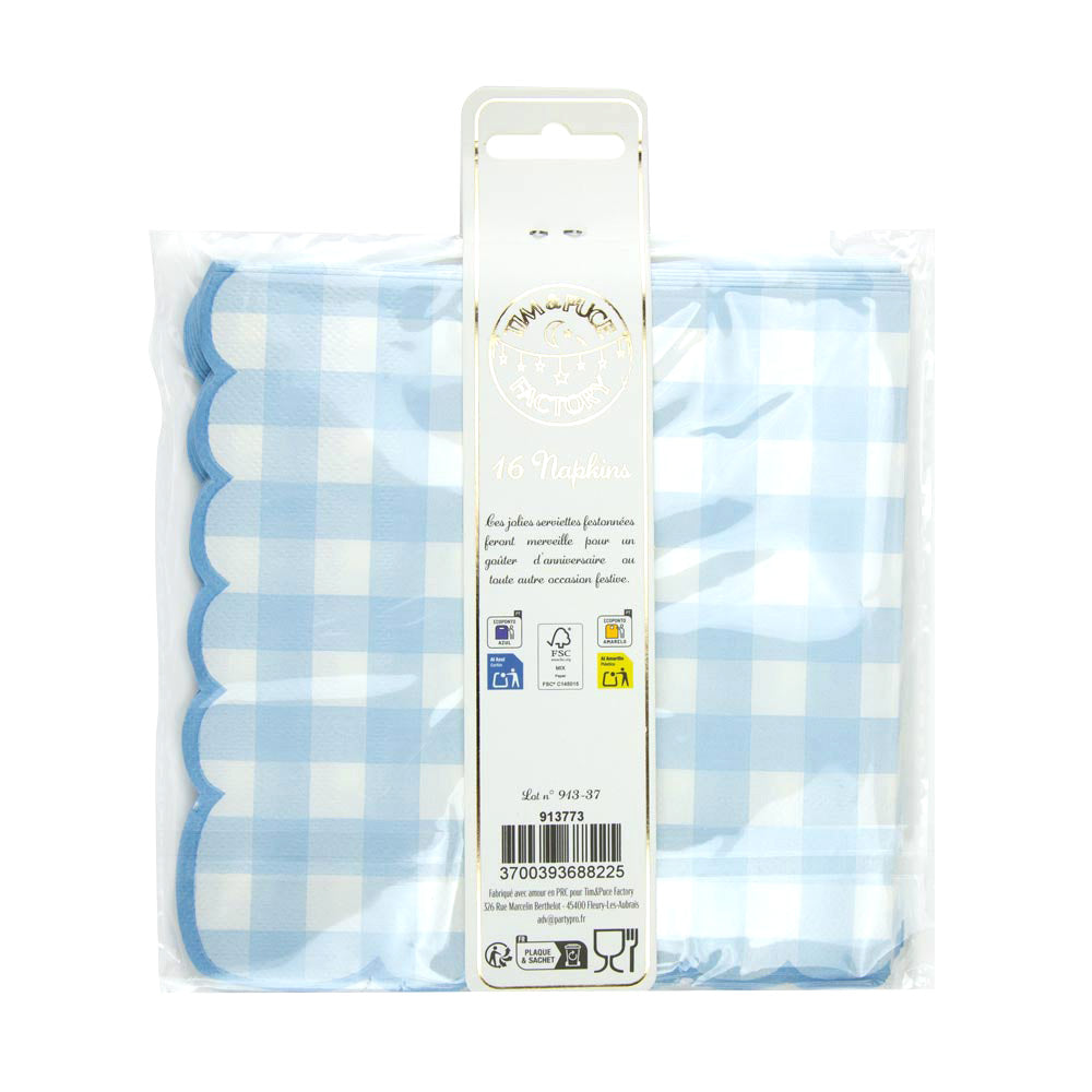 SERVIETTES FESTONNEES 33X33CM VICHY BLEU X 16