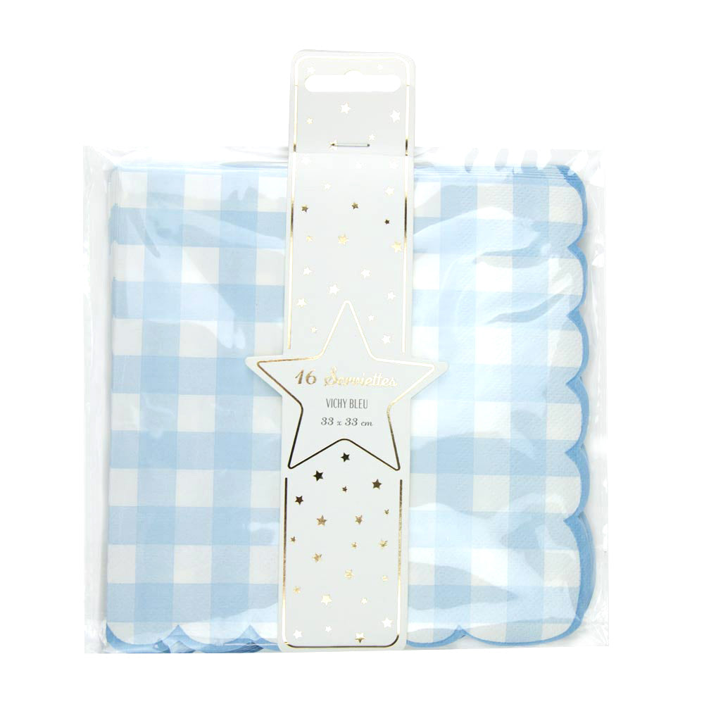SERVIETTES FESTONNEES 33X33CM VICHY BLEU X 16