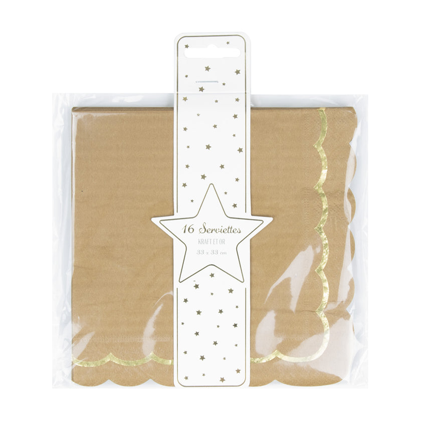 SERVIETTES FESTONNEES 33X33CM KRAFT ET OR X 16