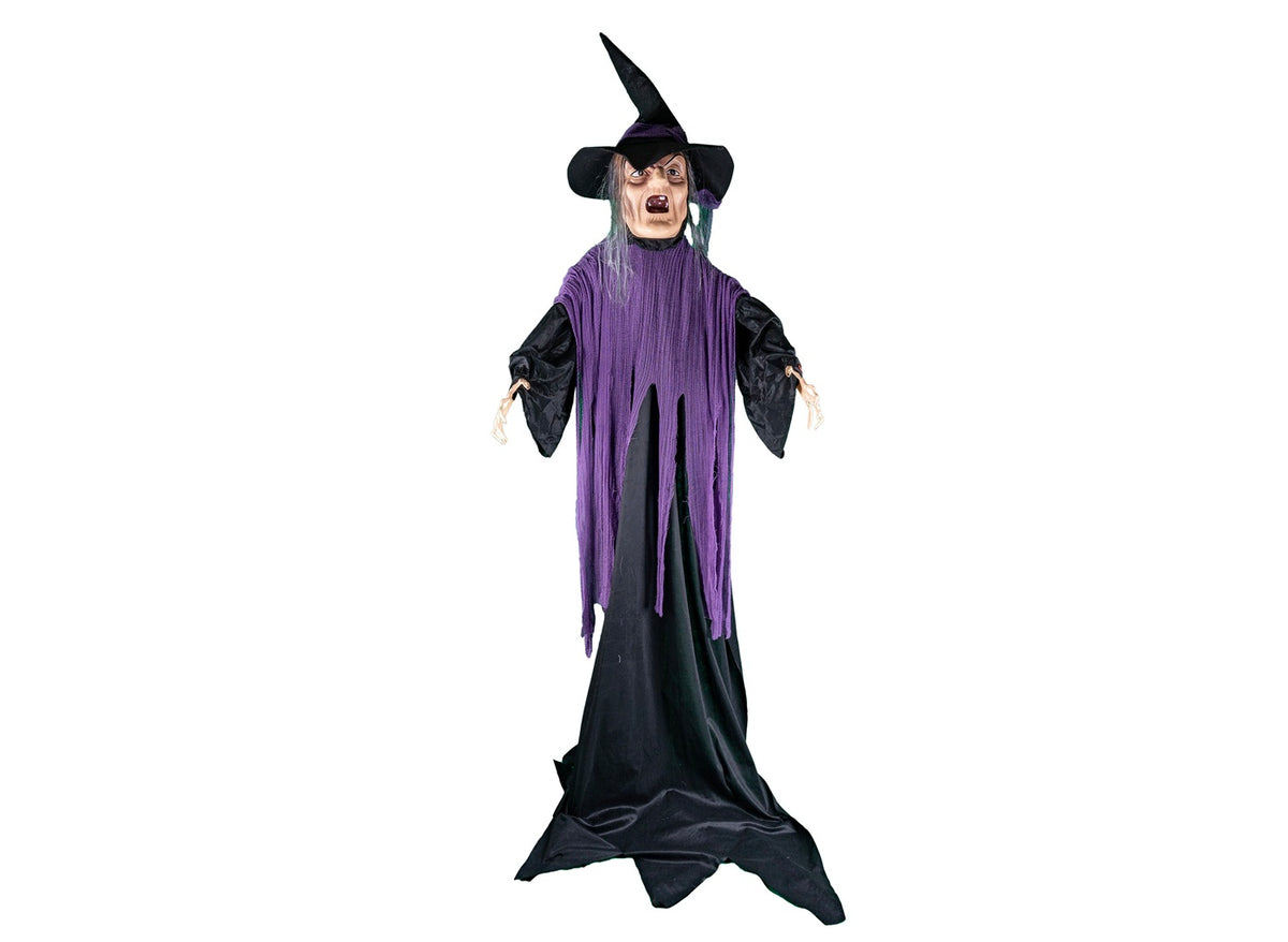 sorcière géante halloween lumineuse sonore et motorisée 2.05m