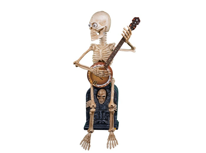 squelette assis avec banjo motoris sonore et lumineux 90cm