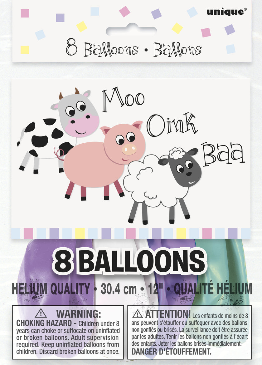 8 ballons vers avec animaux de la ferme (30cm) - Farmyard Party