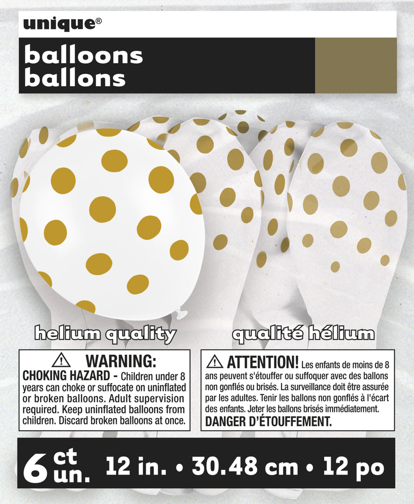 6 ballons blancs à pois dorés