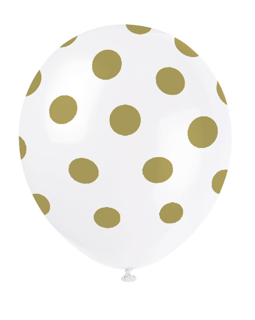 6 ballons blancs à pois dorés