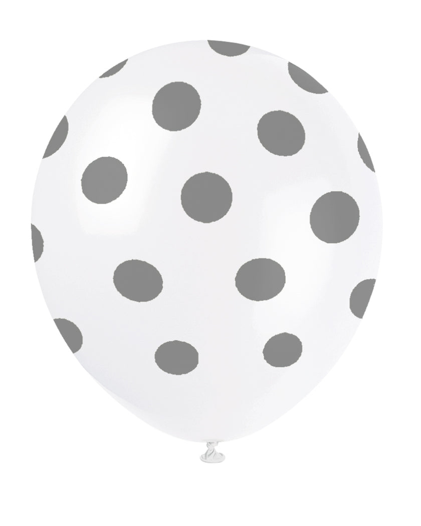 6 ballons blancs à pois argentés