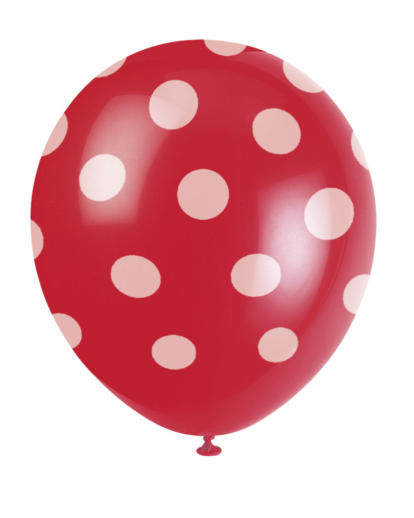 6 ballons rouges à pois blancs