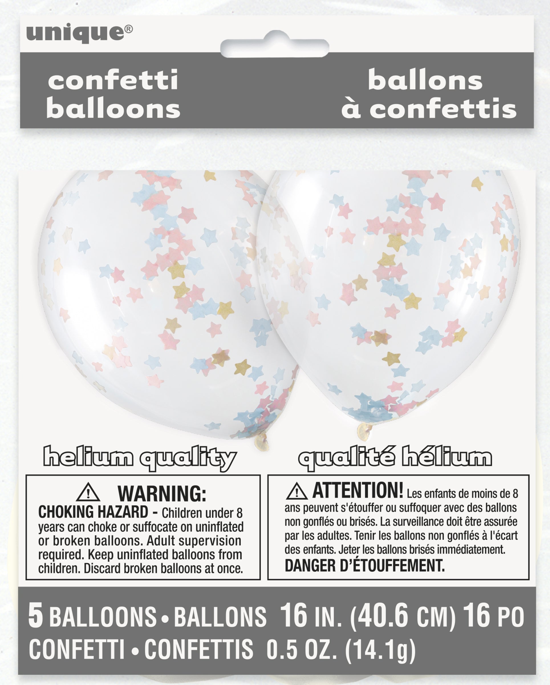 5 ballons transparents avec confettis en étoiles roses, bleues et dorées