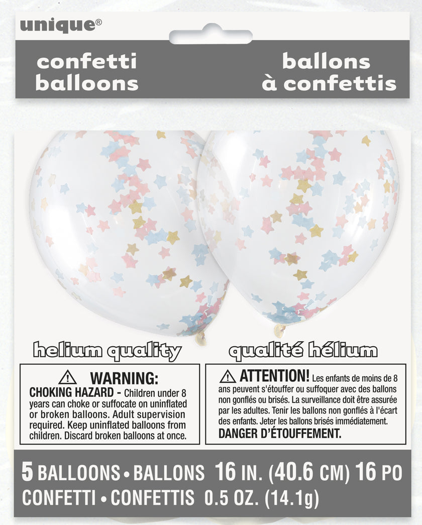 5 ballons transparents avec confettis en étoiles roses, bleues et dorées