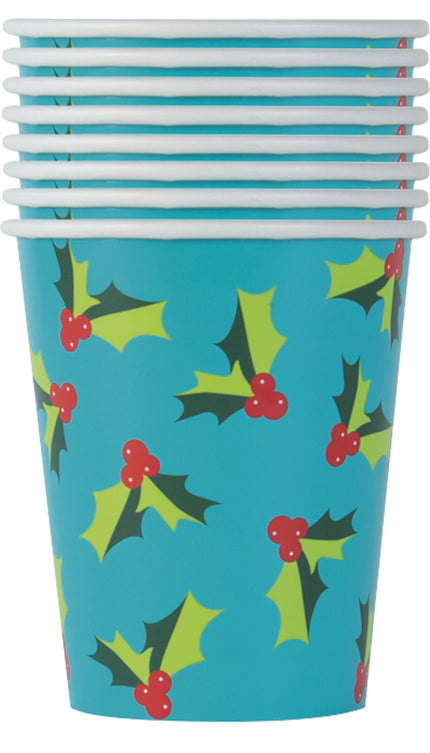 8 gobelets branche de houx - Holly Santa