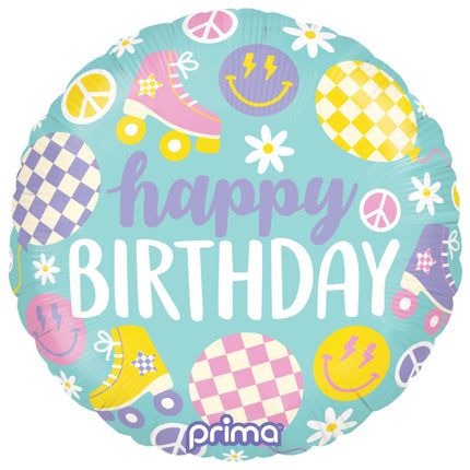 1 Ballon Aluminium Round Happy Birthday Retro Skates 18